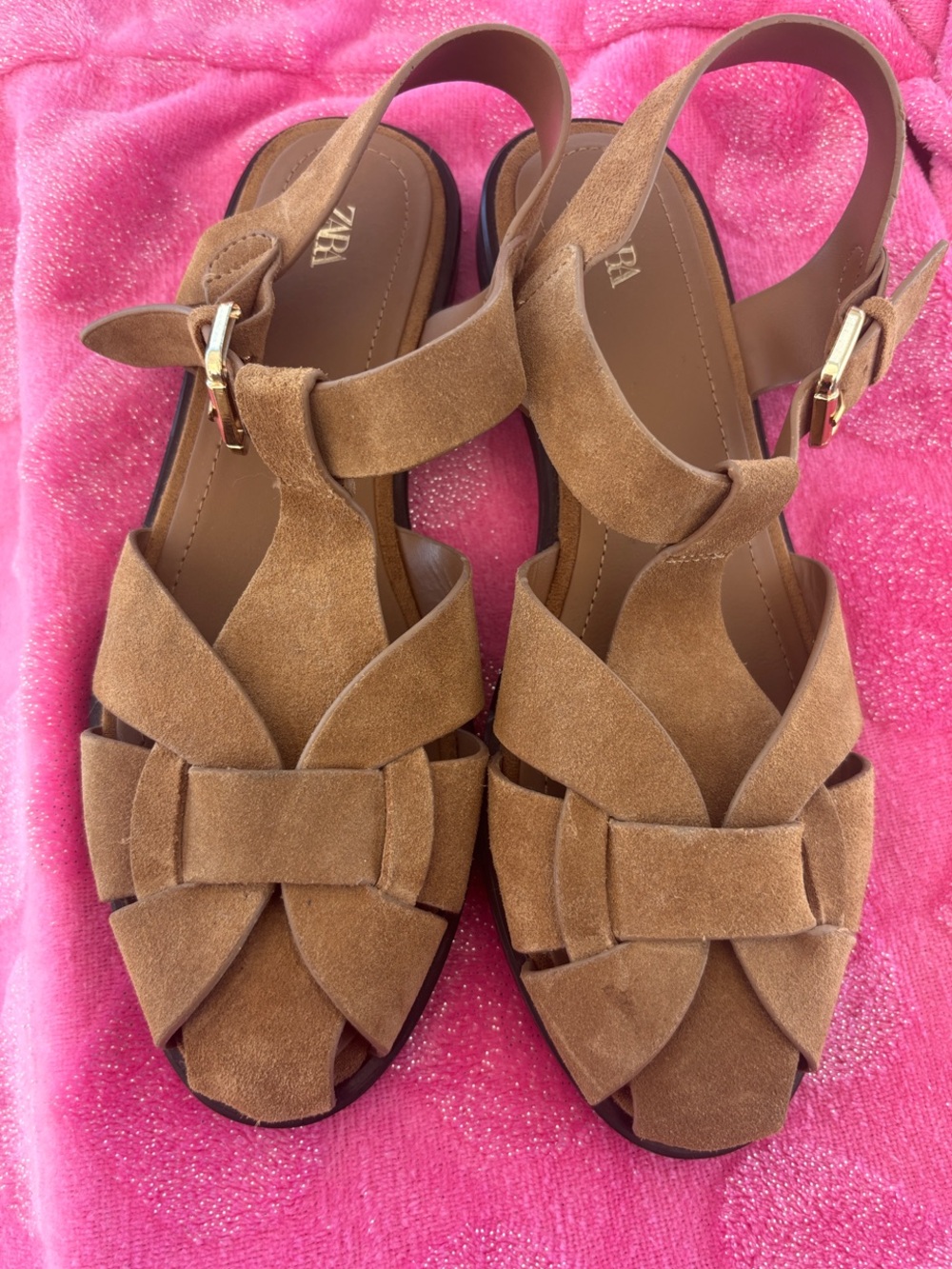 Zara Camel Tan Suede Woven Slingback Sandals